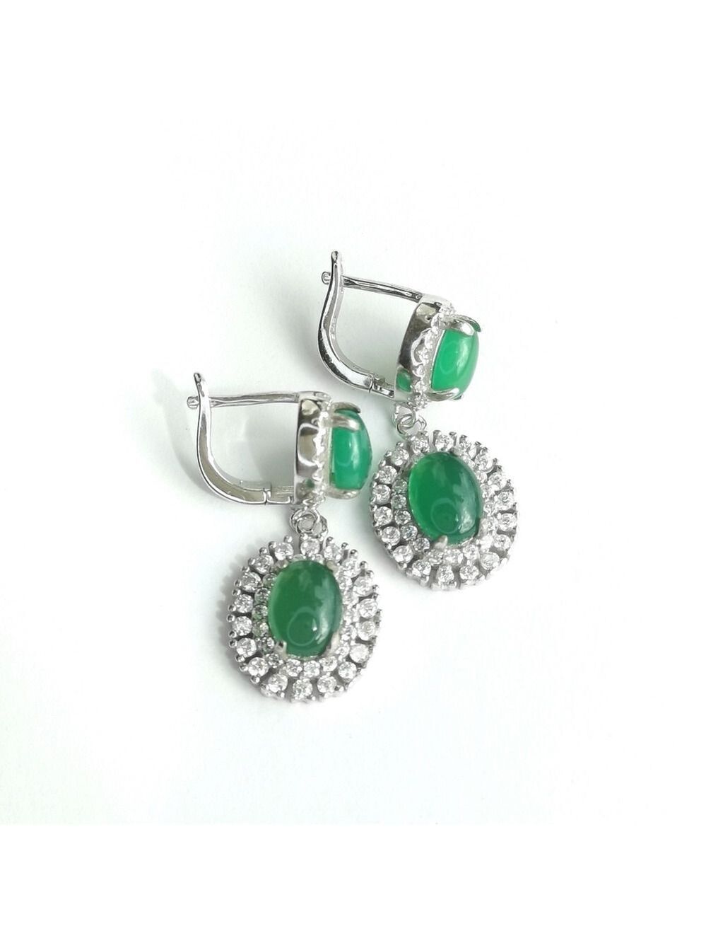 Green Chalcedony CZ Halo Earrings sterling silver